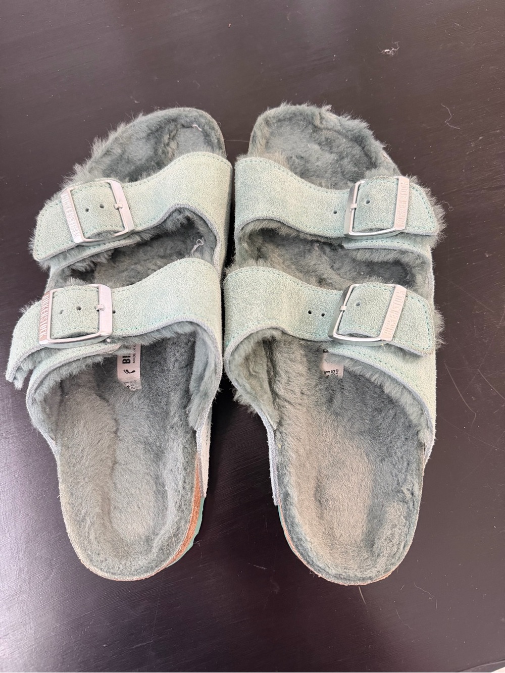 Aqua fur lined Birkenstocks